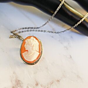 Antique Sterling Silver 800 Carved Cameo Brooch/Pin and Pendant Necklace